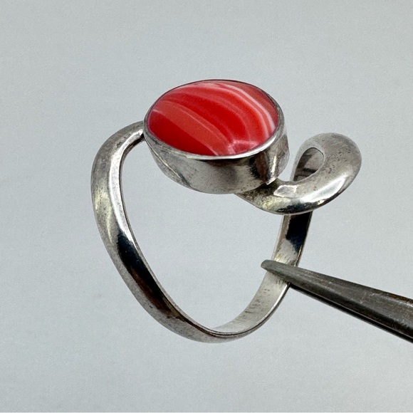 Vintage Mexico Silver Overlay Red Carnelian Agate Swirl Ring Statement Sz 9 - Picture 3 of 7